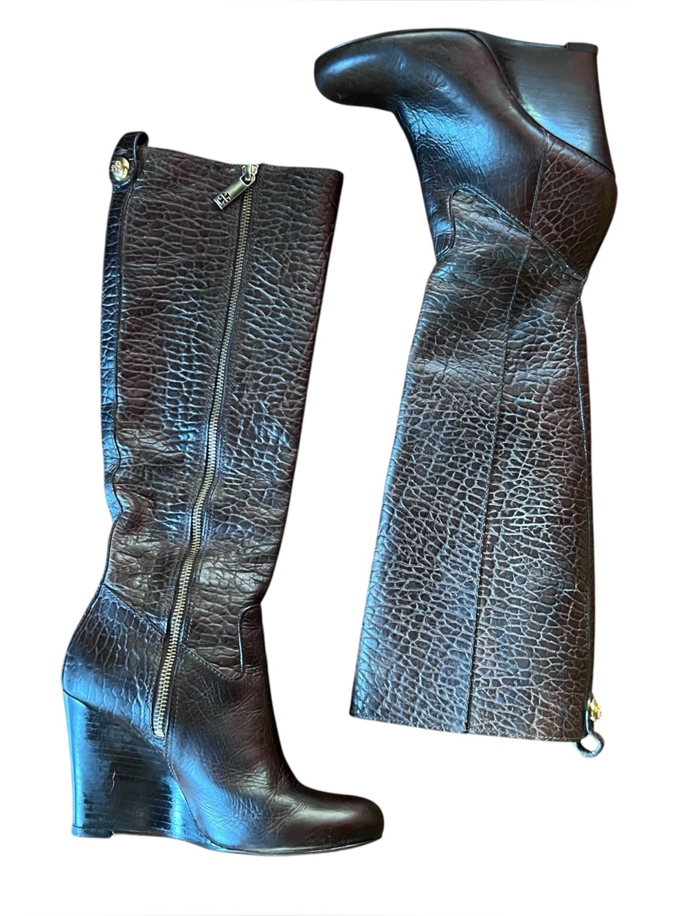 Tory Burch Brown Crocodile Stamped Leather Wedge Knee High Side Zip Boots 6.5M